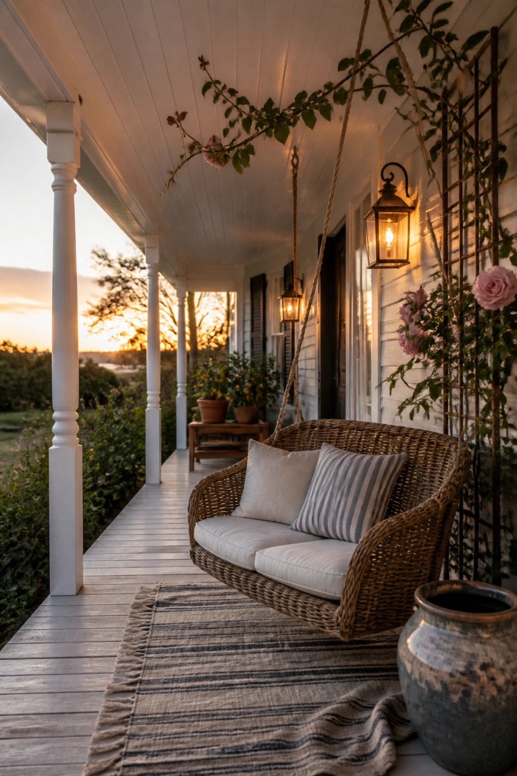 A woven hanging porch swing with white cushions and a striped pillow sits on a white wooden porch next to climbing roses and a large ceramic pot.