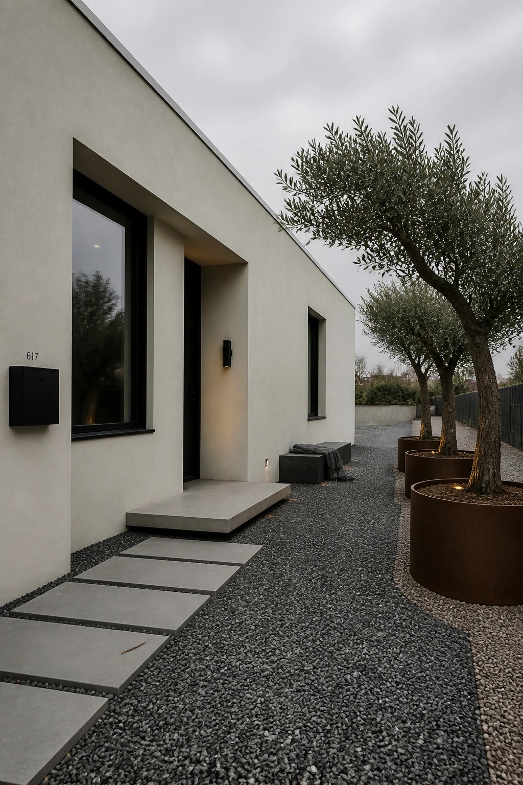 A contemporary bungalow with light stucco walls, black-framed windows, a black door, concrete entry steps, and a gravel path with stepping stones leading to the entrance.