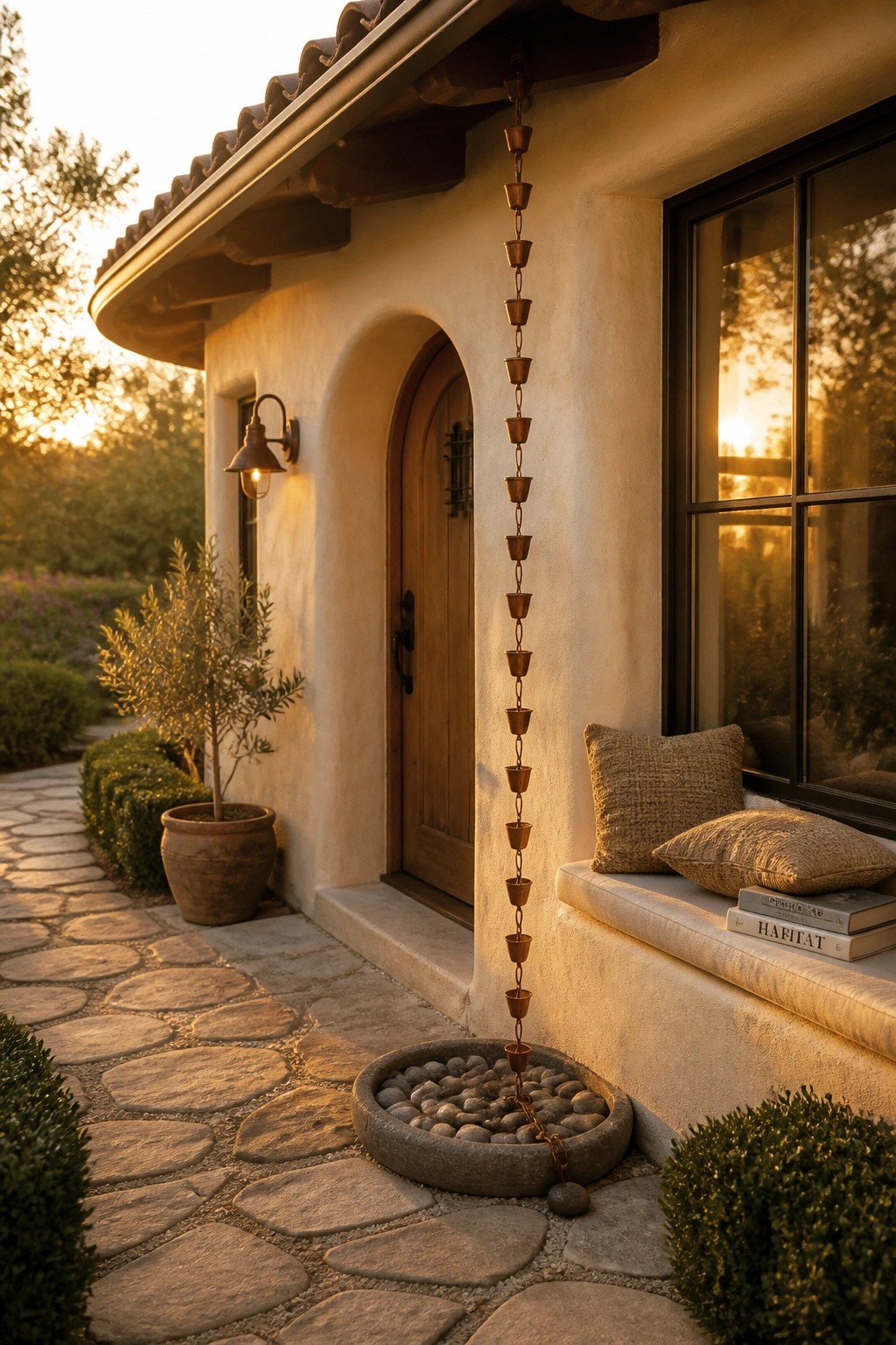 A house entry with an arched wooden door, black-framed window, stone path, and copper rain chain dropping into a round stone basin filled with pebbles.