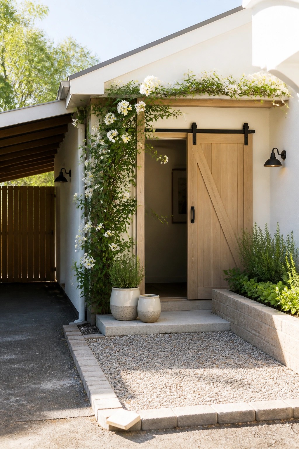 A light wood sliding barn door with black hardware stands open on a white bungalow, with white climbing flowers along the wall and two potted plants on the steps.