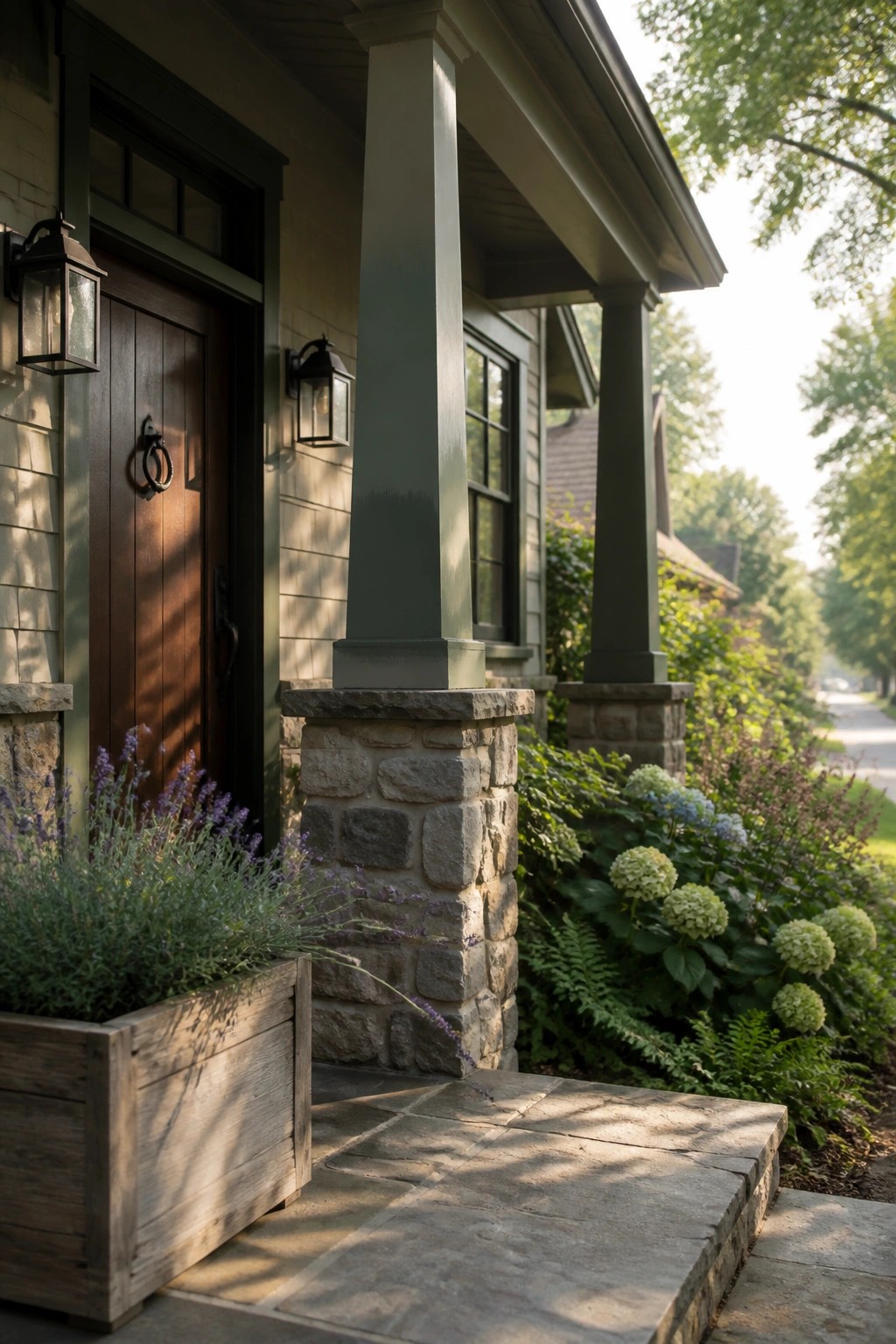 Front porch with green columns resting on stone bases, a dark wood door with lanterns, and a wooden planter with lavender beside stone steps.