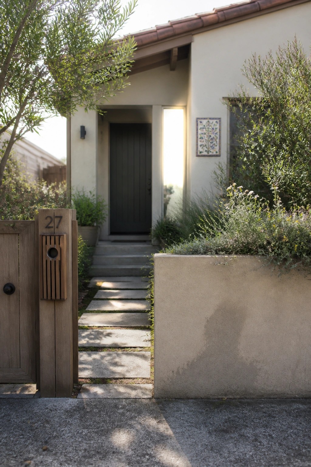 Front view of a bungalow exterior showing a dark door, concrete steps, a stone pathway, a wooden gate with the number 27, and a concrete planter with greenery.