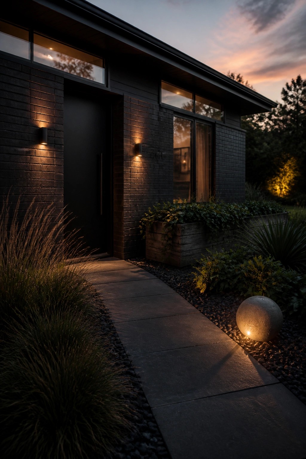 Modern dark brick house with concrete path, wall lights, and glowing sphere at dusk.