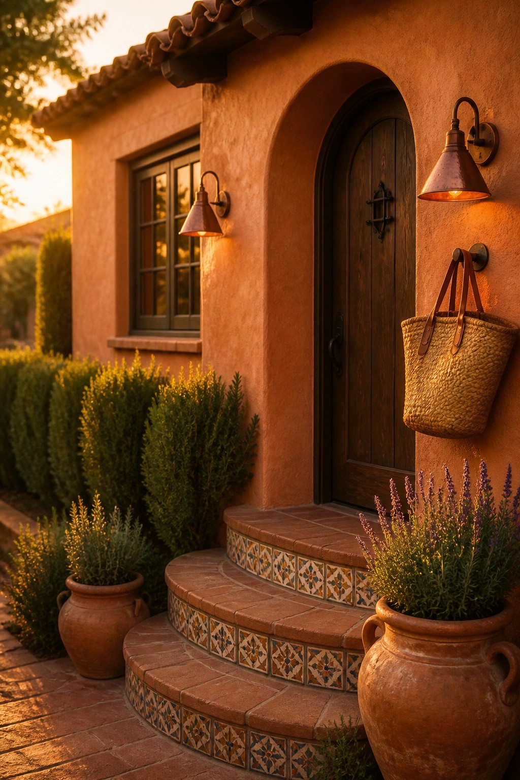 A terracotta stucco bungalow exterior with an arched wooden door, tiled steps, wall sconces, and potted plants beside the entry.