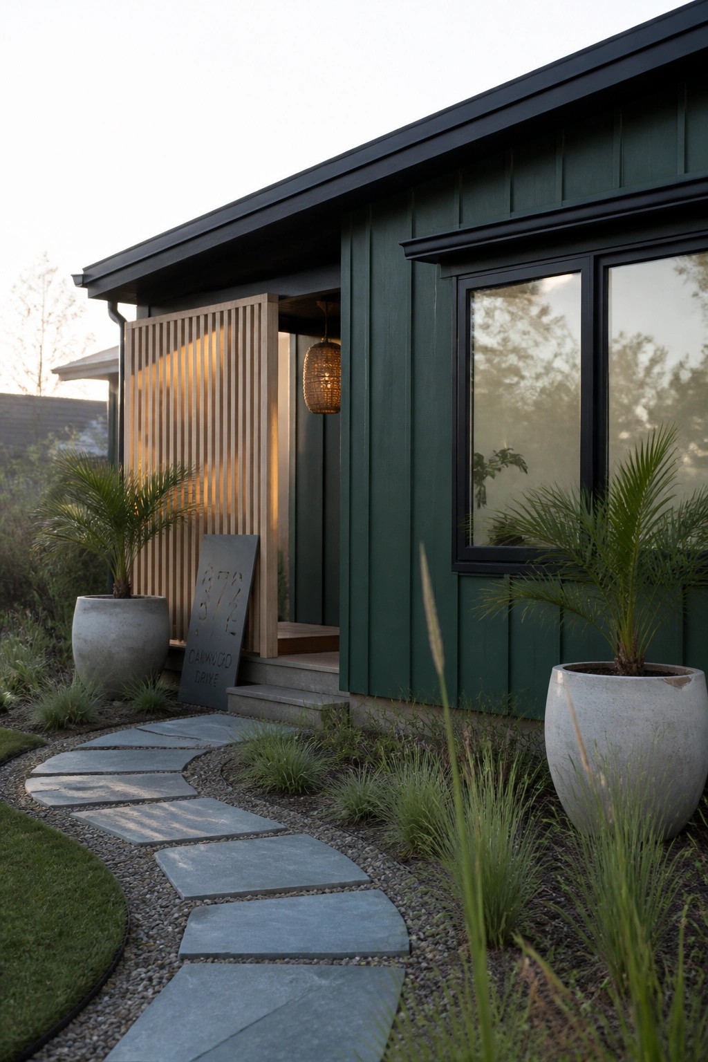 A dark green contemporary bungalow exterior with a vertical wood slat screen beside the front door, a stone pathway leading to the steps, and two large potted palms in concrete containers.
