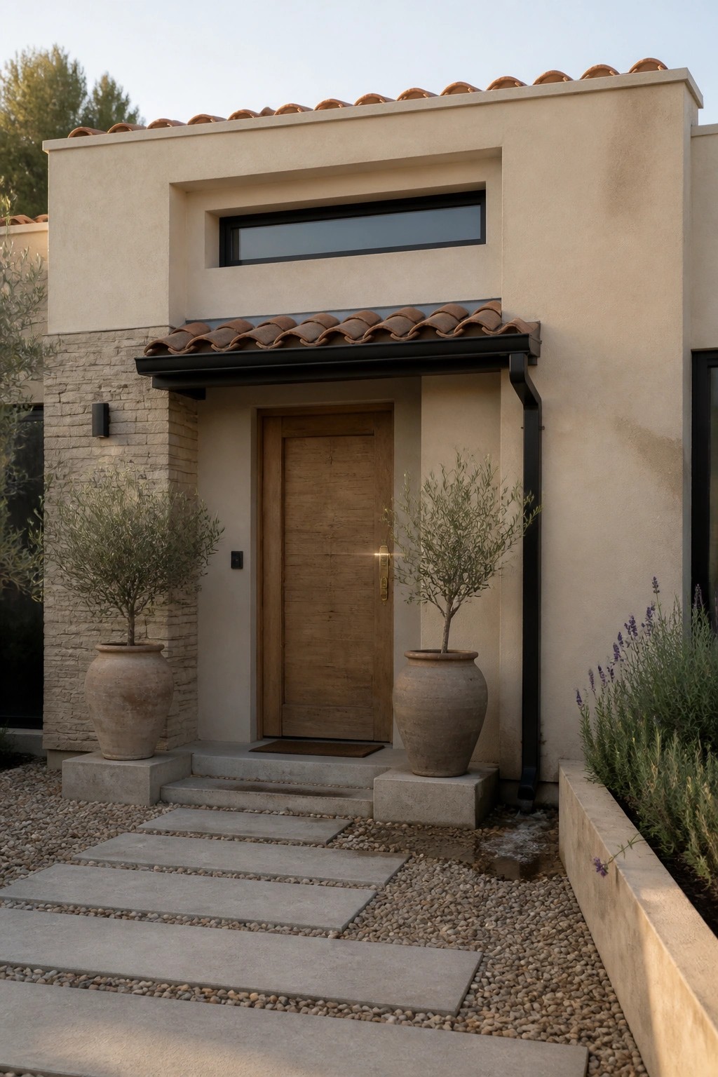 A stucco house facade with a wooden front door under a clay tile overhang, two large potted plants on the steps, and a gravel path leading to the entrance.
