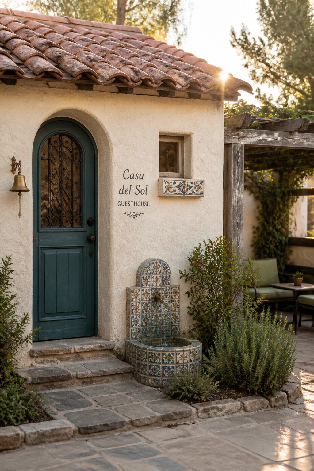 A small stucco building with a clay tile roof features a teal arched door and a colorful tiled fountain built into the base of the wall.