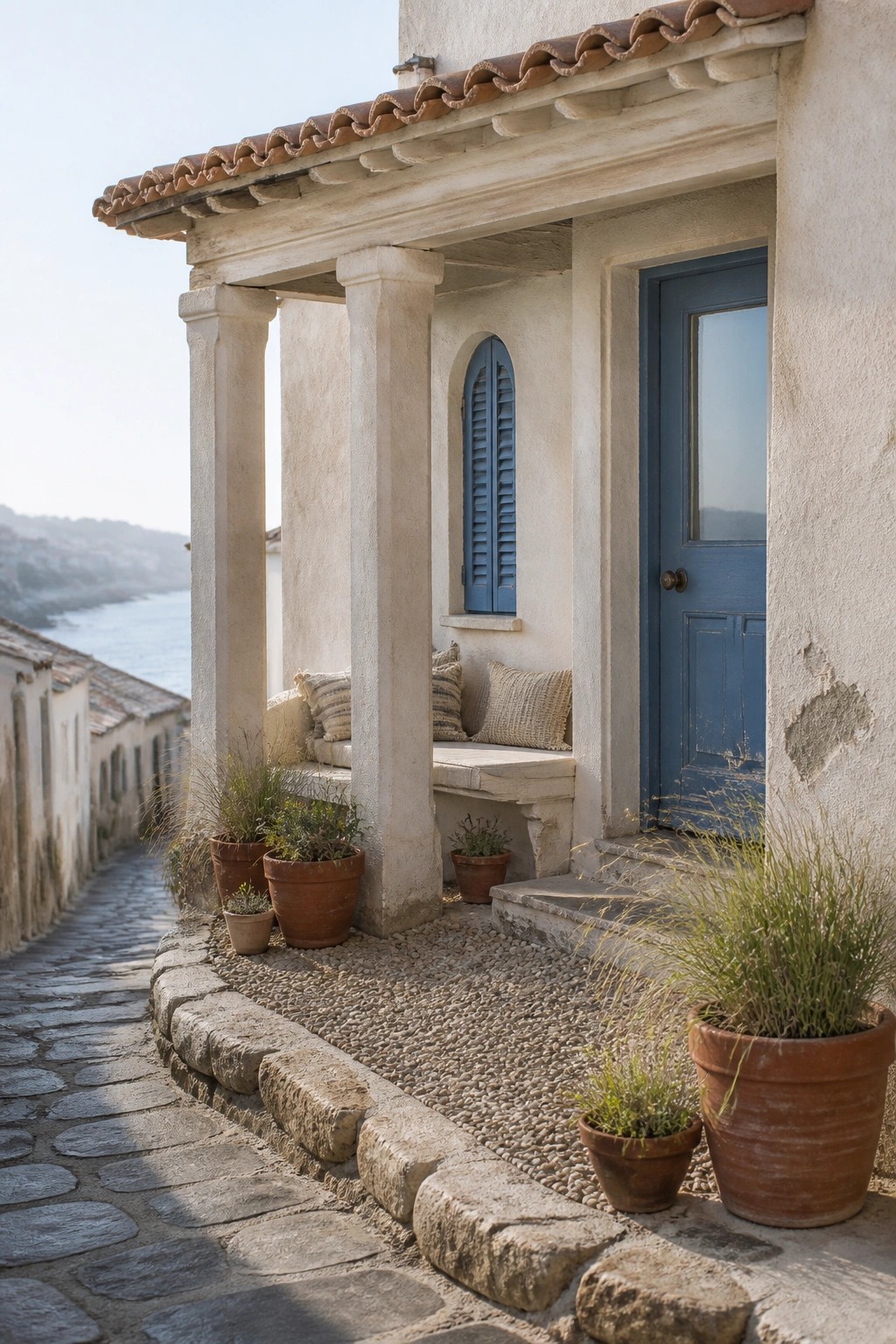 Blue door on white building with stone columns, bench, potted plants, sea view.