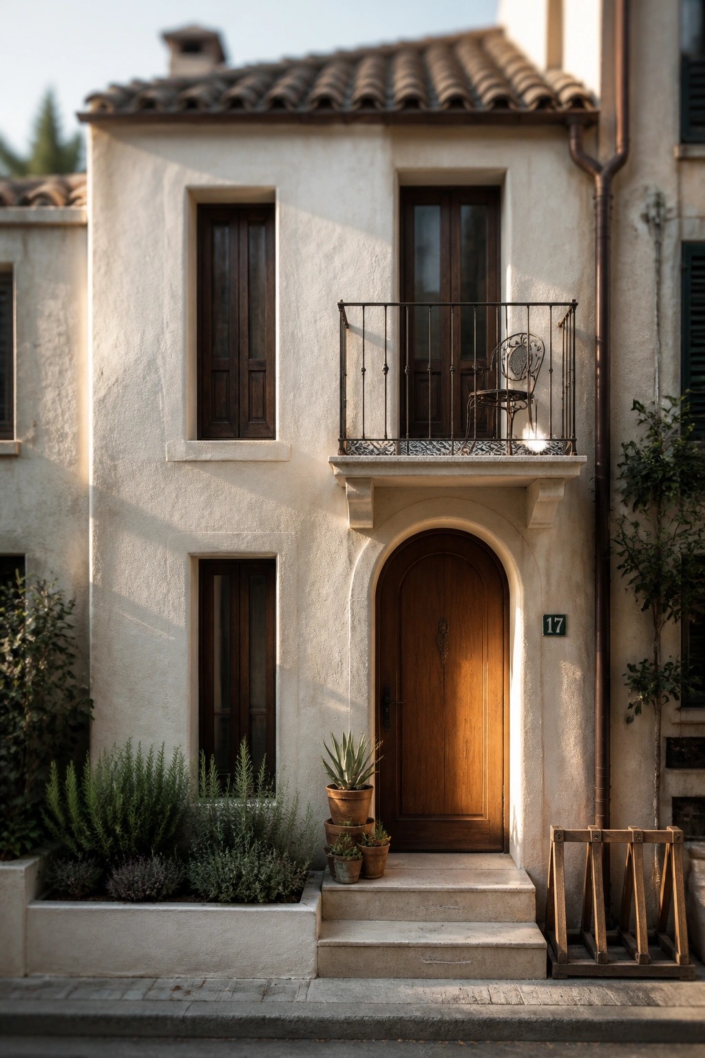 A small two-story Mediterranean house with white stucco walls, a terracotta tile roof, an arched wooden front door, and a small iron balcony above it.
