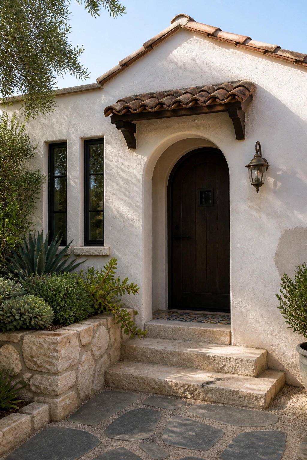 A small white stucco house with an arched dark wood door, clay tile overhang, and stone steps at the entry.