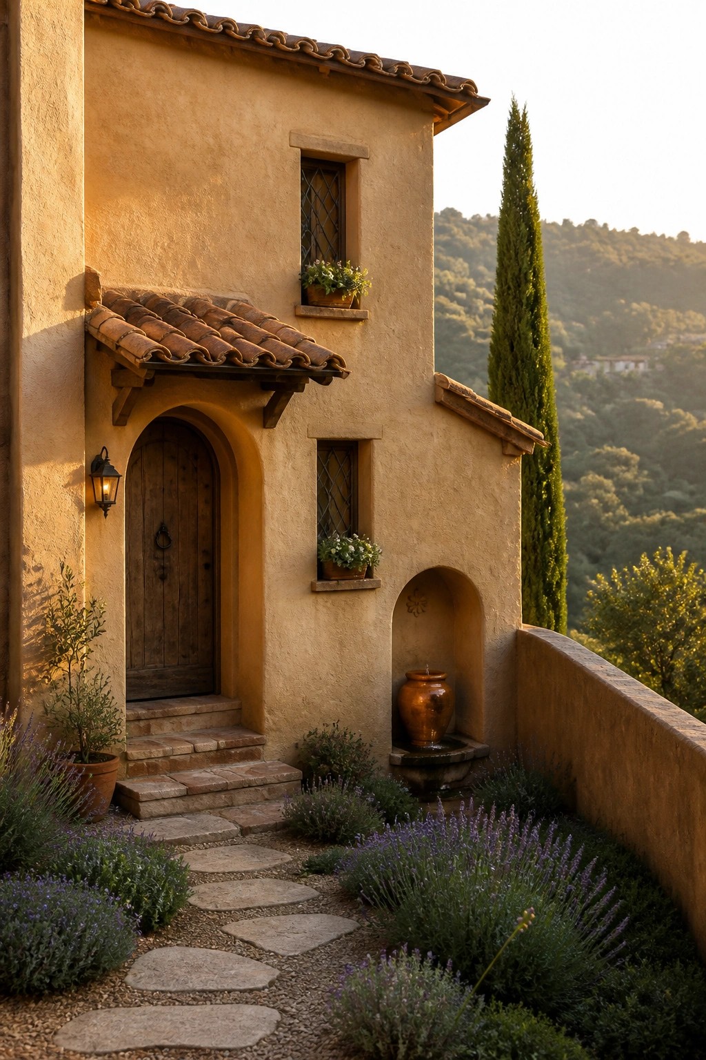 A small stucco house with a wooden arched door under a clay tile canopy, small windows, and a stone path in front.