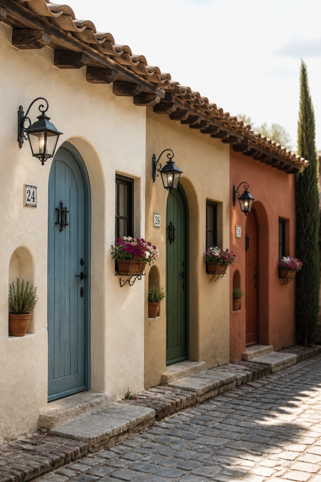 A row of small stucco houses with arched doorways, painted doors in blue green and terracotta, clay tile roofs, and wall lanterns along a cobblestone street.