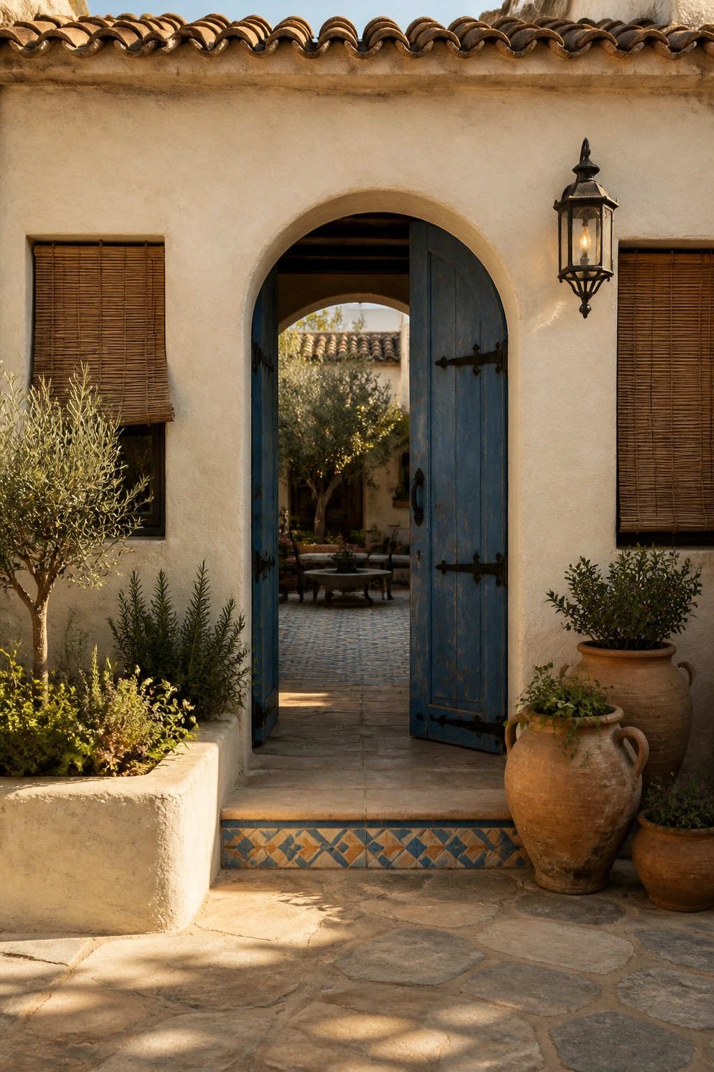 A white stucco house exterior features an open arched blue wooden door leading to a tiled courtyard, with terracotta pots on the right and bamboo-shaded windows on both sides under a clay tile roof.