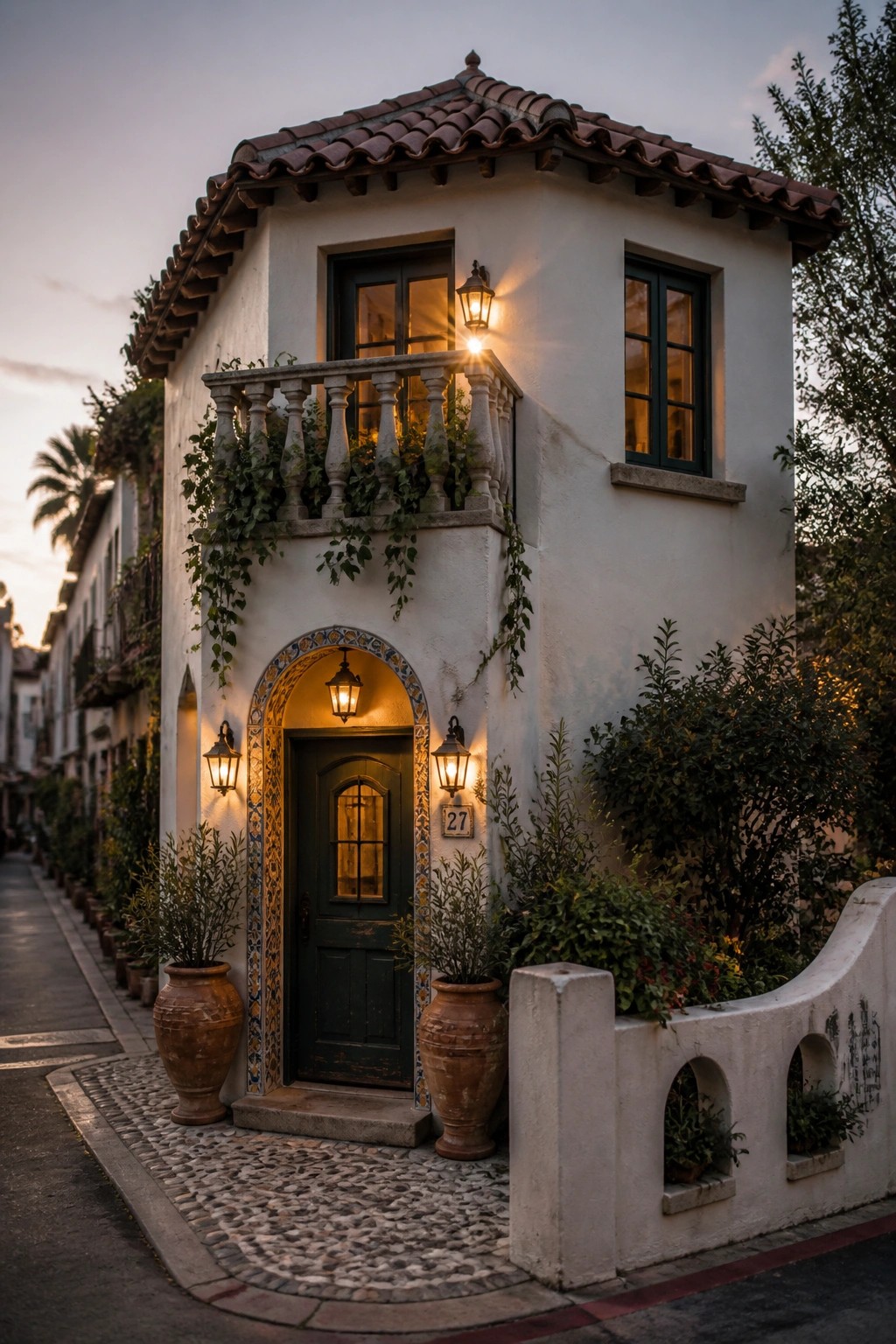 A small white stucco house with a clay tile roof shows an arched entry with decorative tile border around a dark green door, two wall lanterns, and terracotta pots on a cobblestone path.
