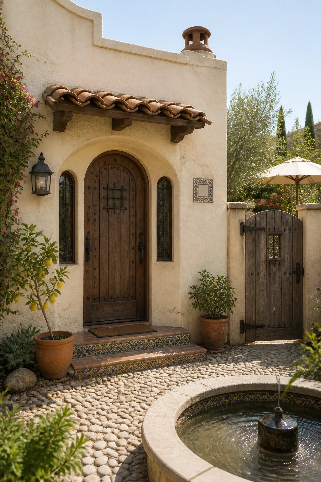 Mediterranean courtyard with arched wooden door, stone fountain, and potted plants.