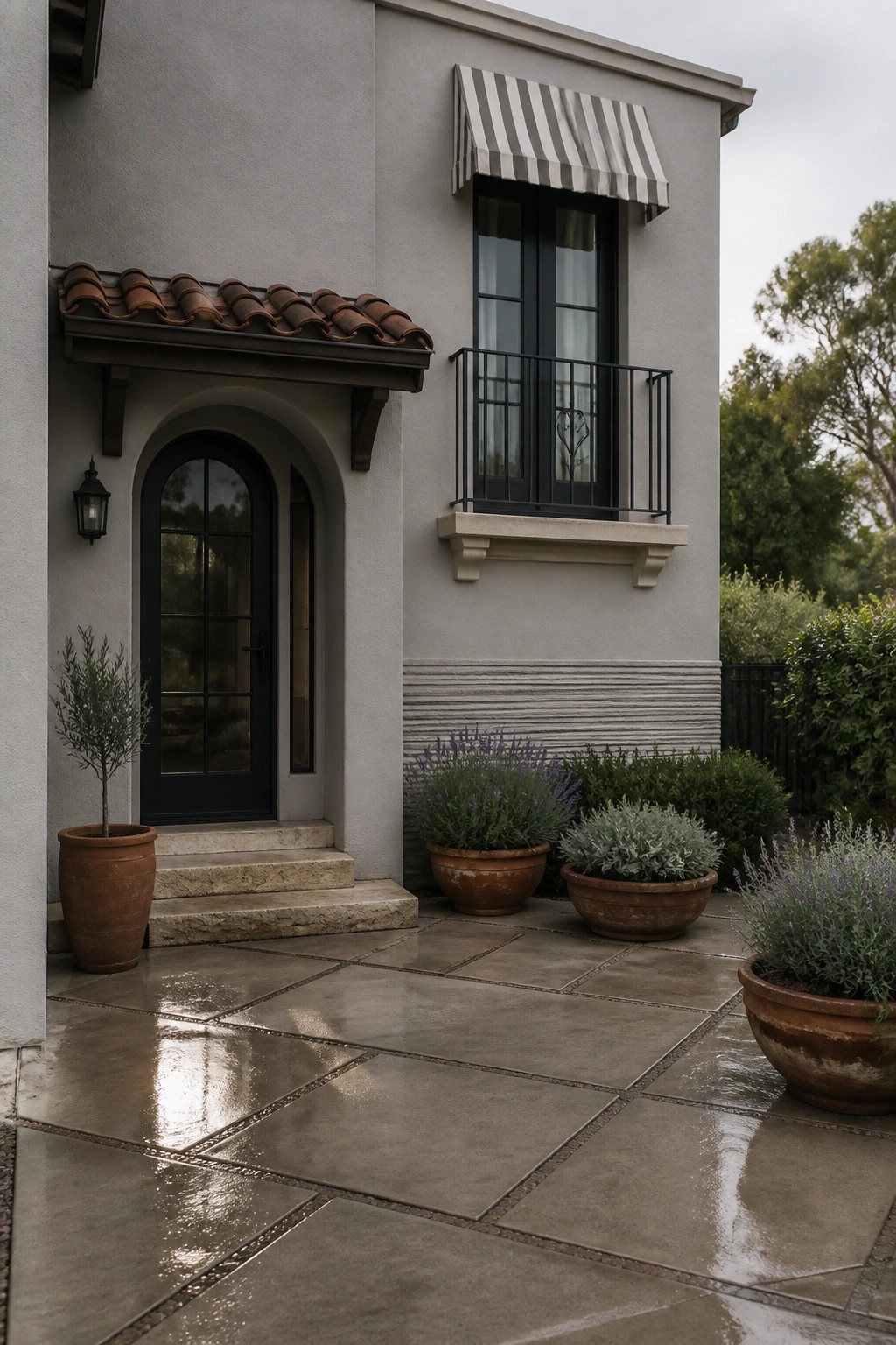 A stucco house exterior with a clay tile overhang above an arched black door, a black-framed window with balcony, and potted plants on a stone patio.