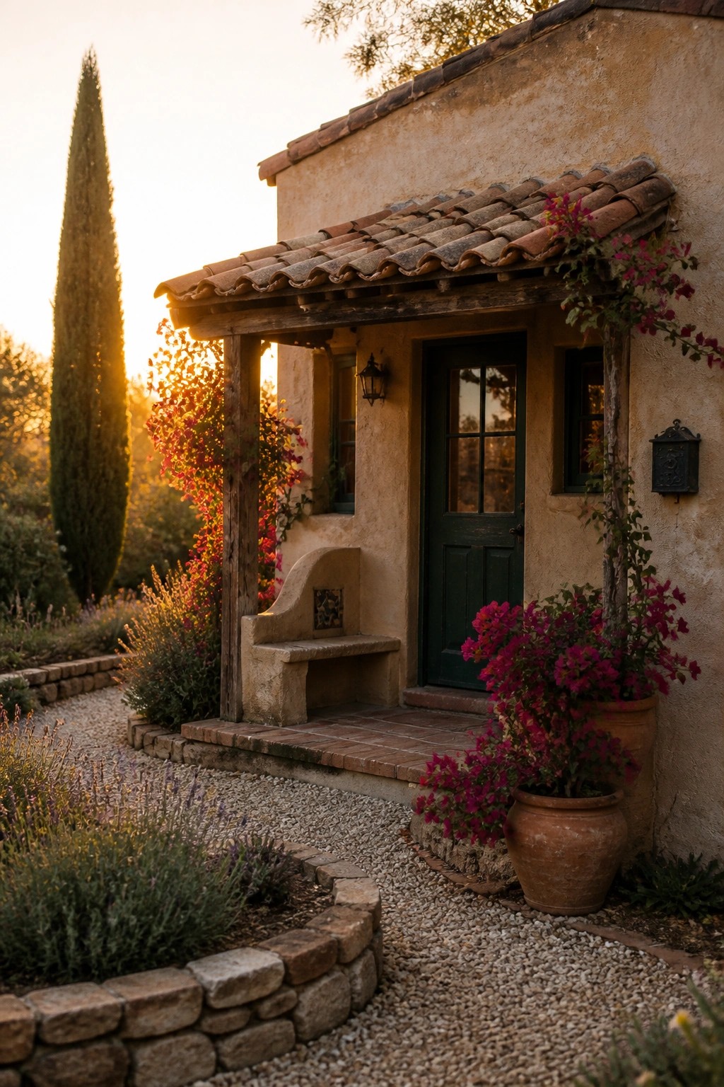 Small stucco house entrance with green door, clay tile roof overhang on wood posts, potted bougainvillea, and gravel path.