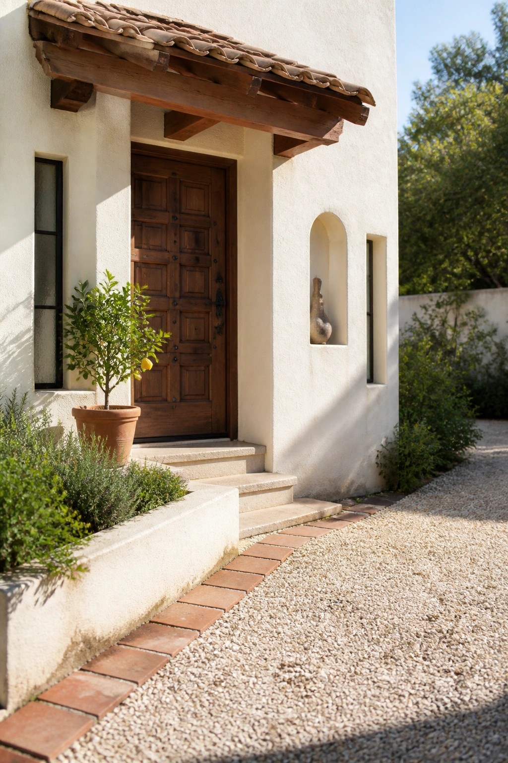 A stucco house entry with a wooden door, clay tile roof overhang, and a gravel path beside low plants.