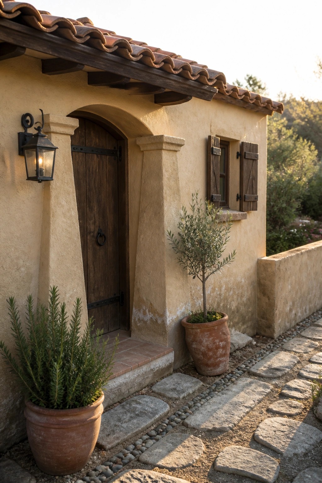 A small stucco house with a clay tile roof, arched wooden entry door, black lantern, and potted plants beside a stone path.