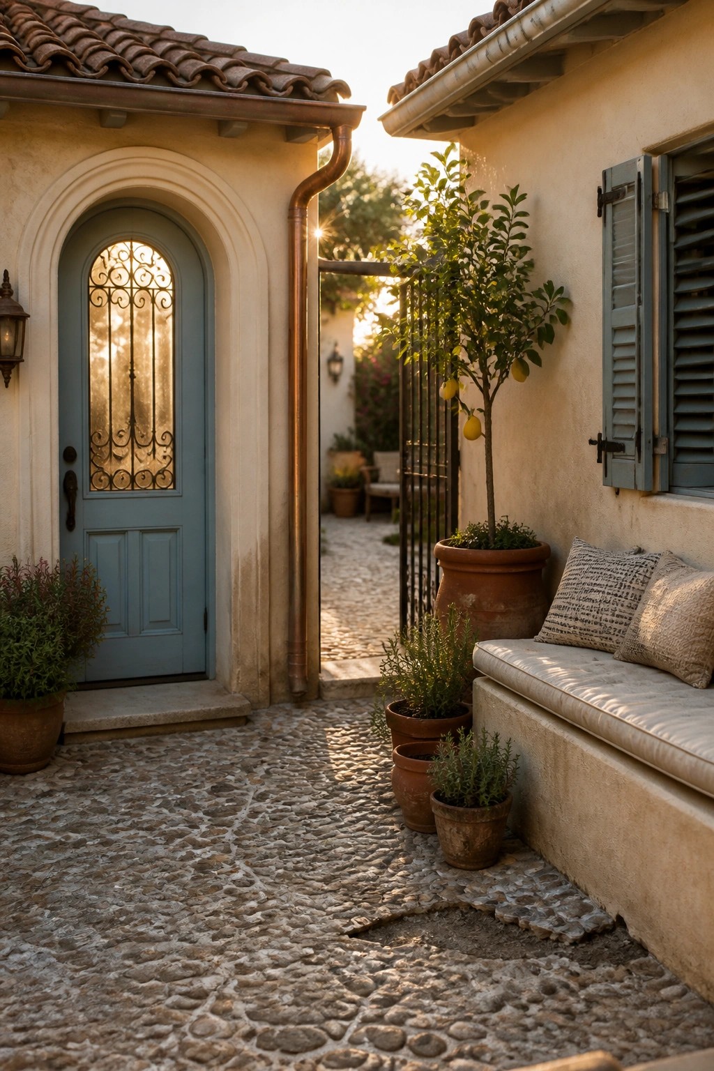 Sunlit cobblestone courtyard with blue arched door, lemon tree, and bench