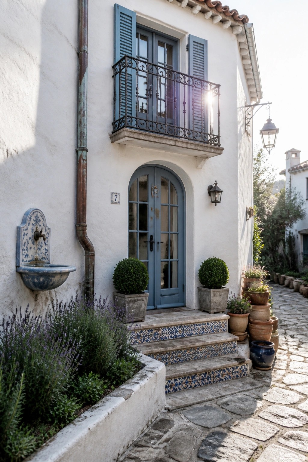 White stucco house with blue arched door, blue shutters, wrought iron balcony, and steps lined with blue and white patterned clay tiles.