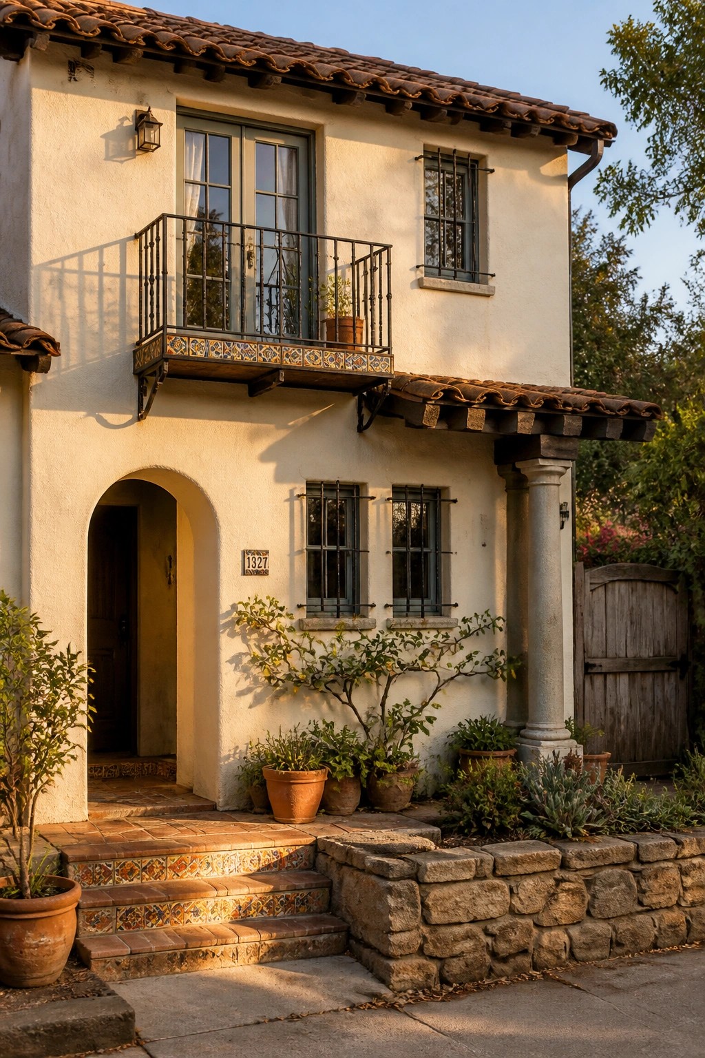 White stucco house with terracotta roof, iron balcony, arched entry, and potted plants