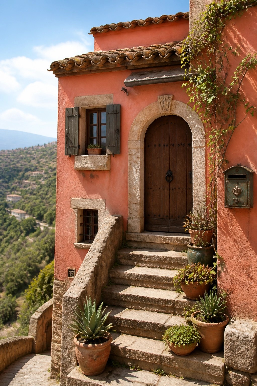 A small pink stucco house exterior with a wooden arched door set in a stone surround, clay tile roof, and stone steps with potted plants.