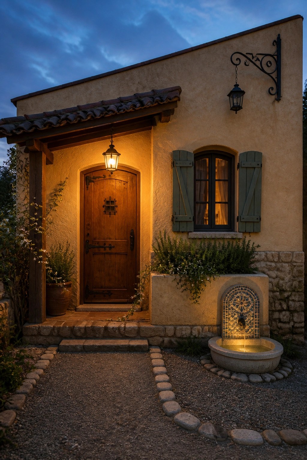 A small stucco house facade at dusk with a clay tile roof, wooden door, window with green shutters, and a stone fountain beside the entry.