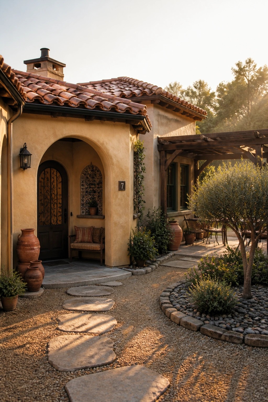Mediterranean villa entrance with arched door, terracotta pots, stone pathway, and garden patio at sunset.
