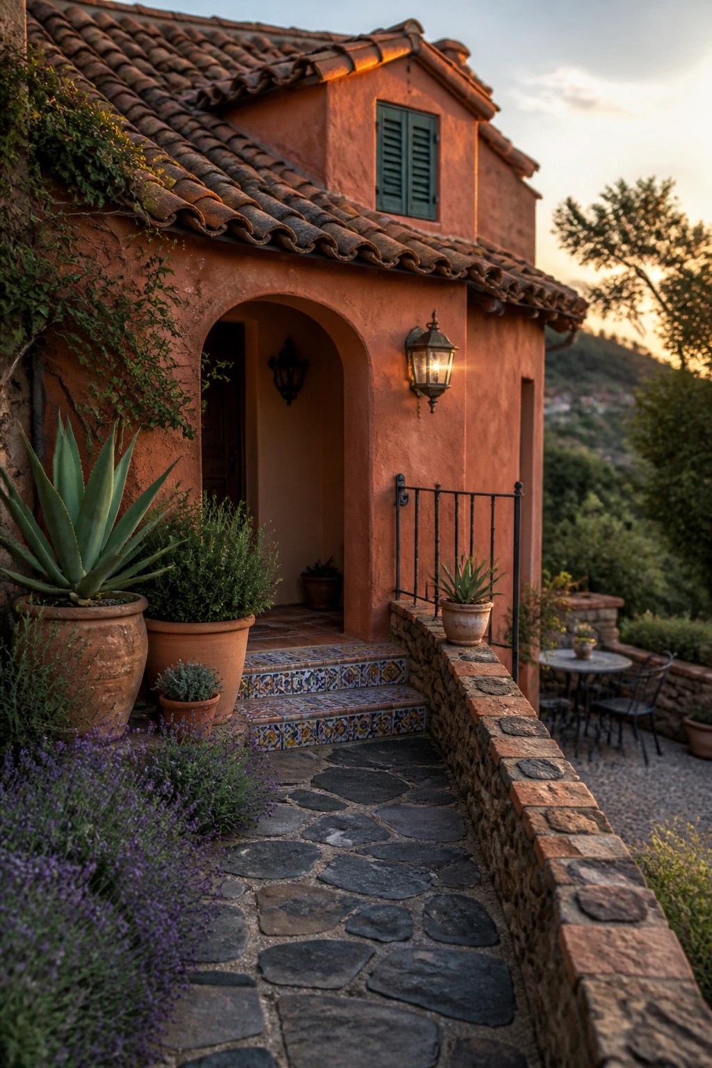 A small house with terracotta stucco walls, a clay tile roof, an arched entry, green shutters, a wall lantern, and a stone pathway with potted plants.