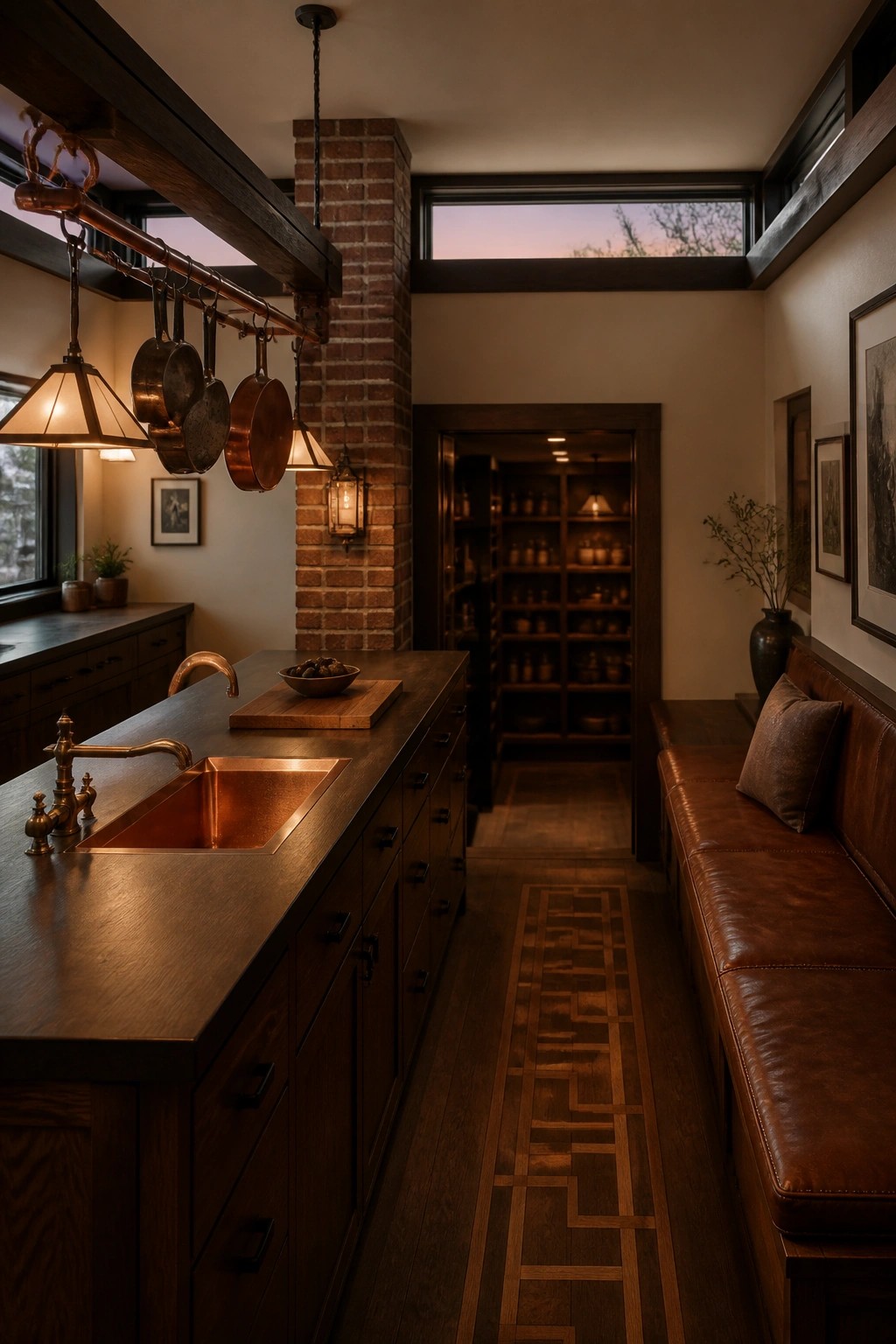 A long kitchen with a dark wood island, copper sink, hanging copper pots, brick column, and brown leather bench along the right side.