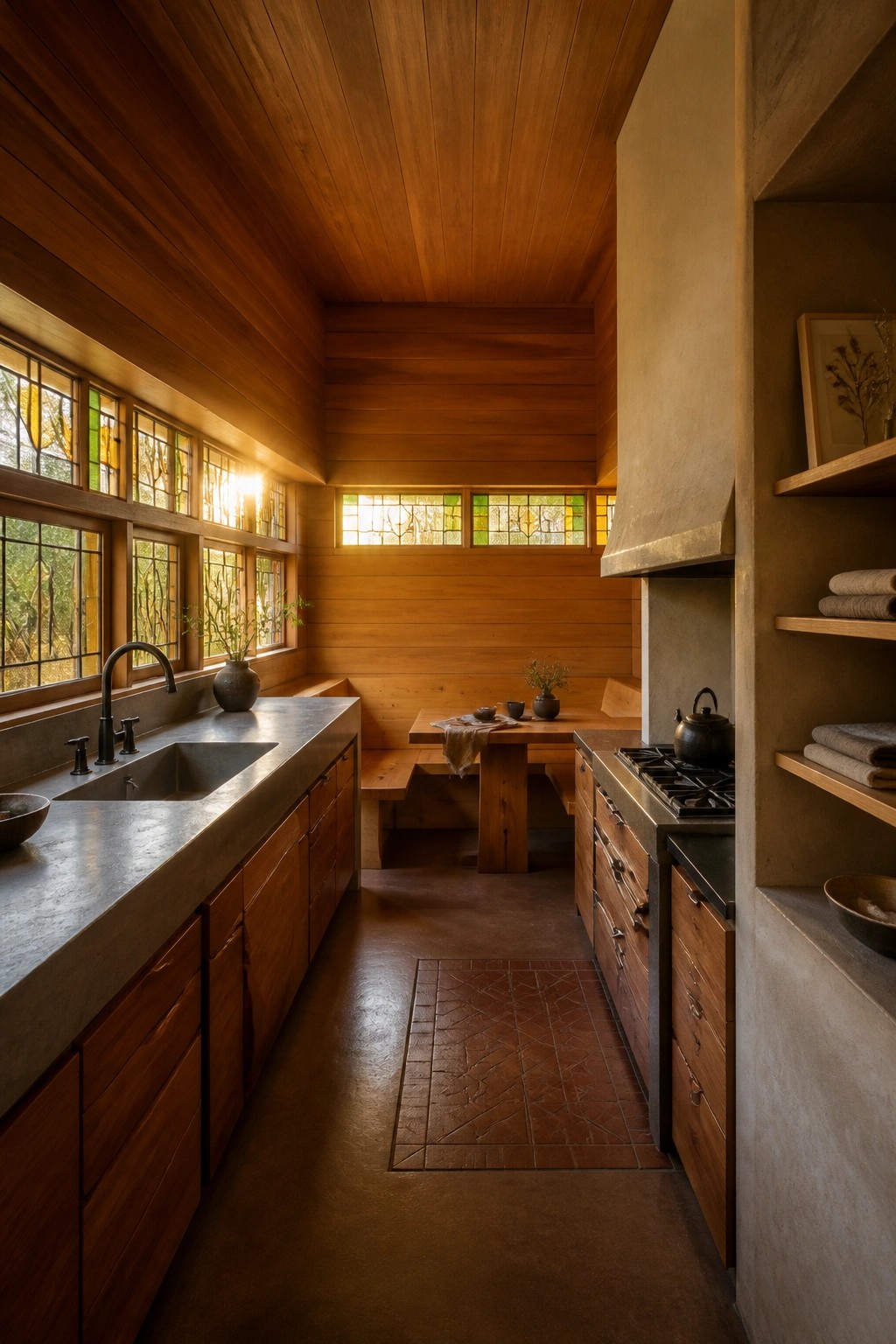 A narrow kitchen interior featuring wooden cabinetry, concrete countertops, a central wooden table with built-in benches, and a row of stained glass windows along the left wall.