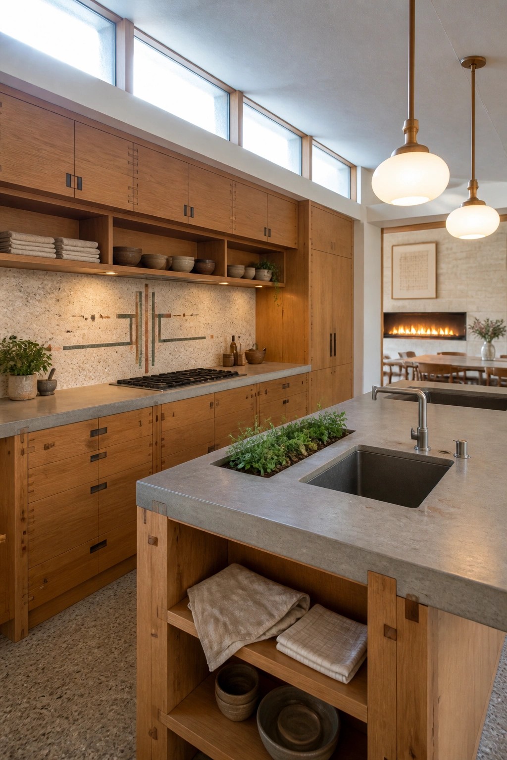 Modern kitchen interior with wooden cabinets, concrete countertops, a stainless steel sink, and a built-in herb planter in the center island.