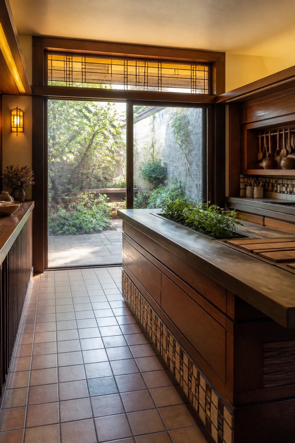 Interior view of a kitchen with a long wooden counter containing an integrated herb planter, large sliding doors to a garden, and terracotta tile flooring.