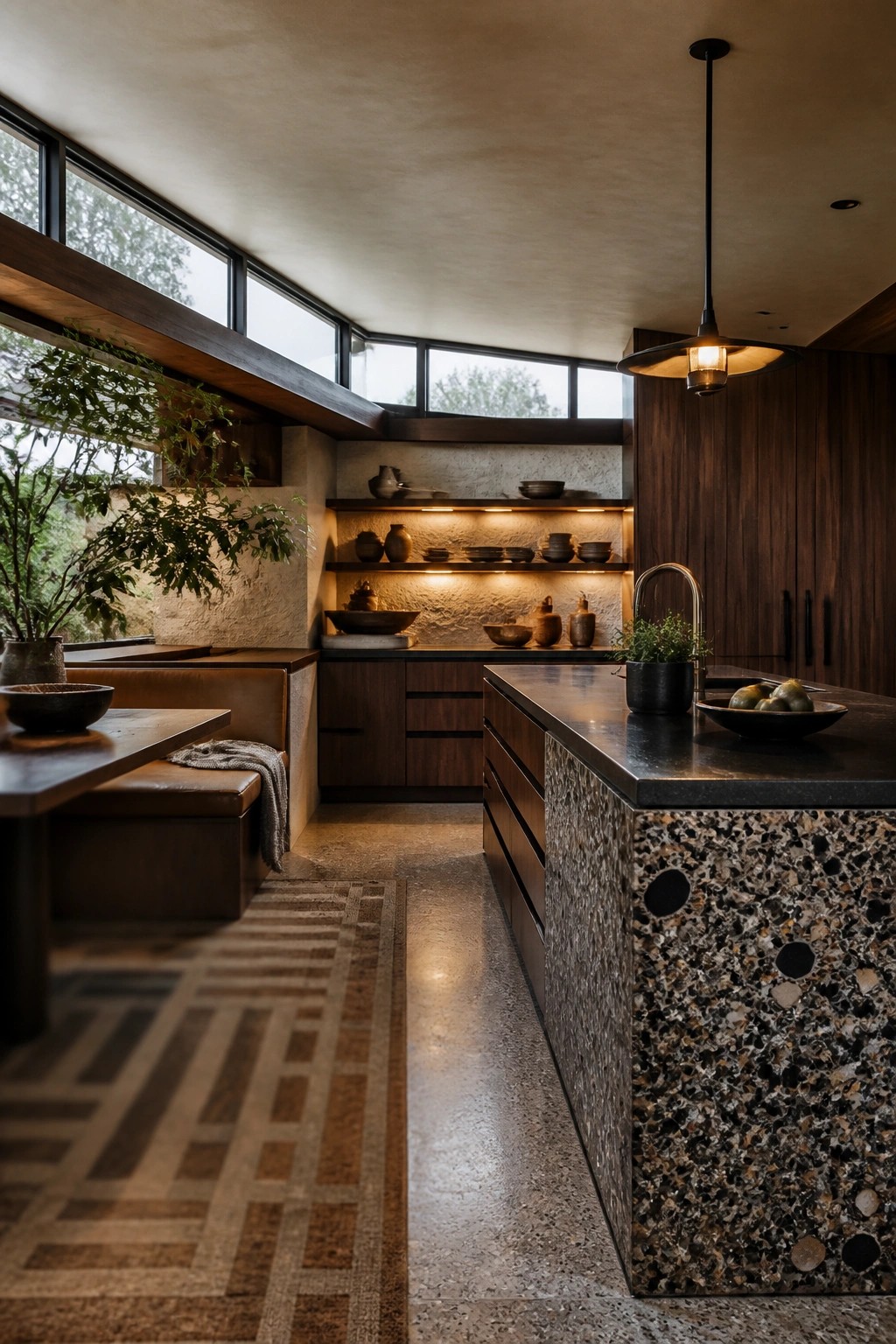 A spacious modern kitchen with a terrazzo island, dark wood cabinetry, open shelving with pottery, and built-in leather bench seating beside large windows.