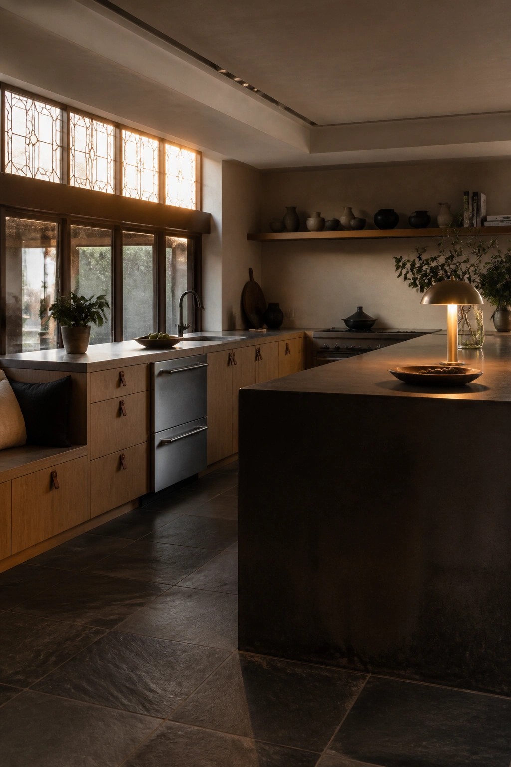 A kitchen interior with light wood cabinetry, a built-in bench with cushions, stainless steel appliances, a dark concrete island, and large geometric windows above the counter.
