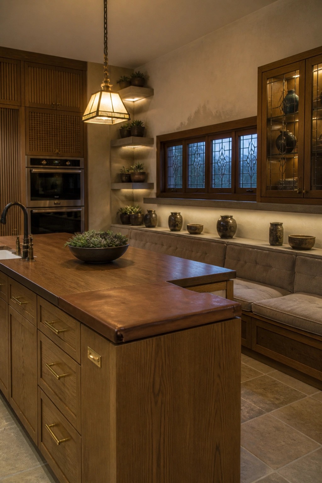 A kitchen with a large wooden island, built-in upholstered bench seating along the back wall, and wood cabinetry on both sides.