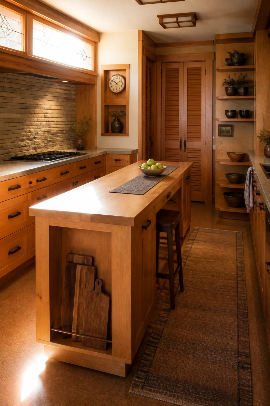 A wooden kitchen island with cutting boards stored underneath and a bowl of green apples on top, set in a kitchen with wooden cabinets and open shelving.