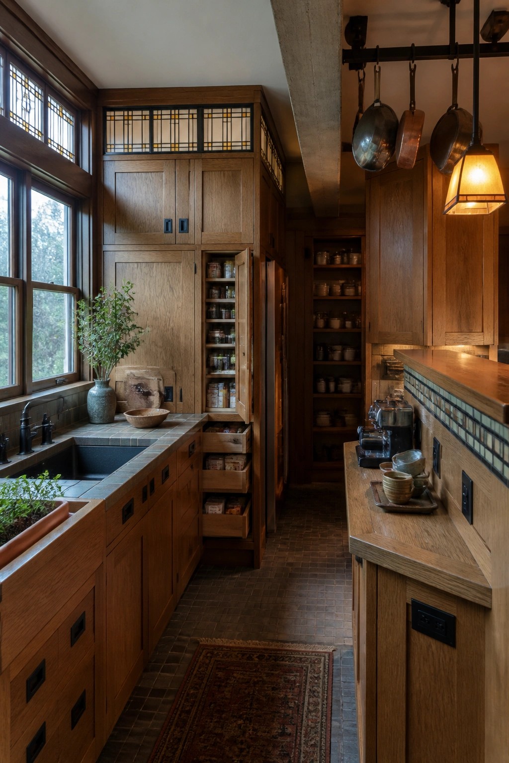 A narrow kitchen with tall wooden built-in cabinets, open shelves filled with jars, pull-out drawers, a dark sink under large windows, and hanging pots above a wooden counter.