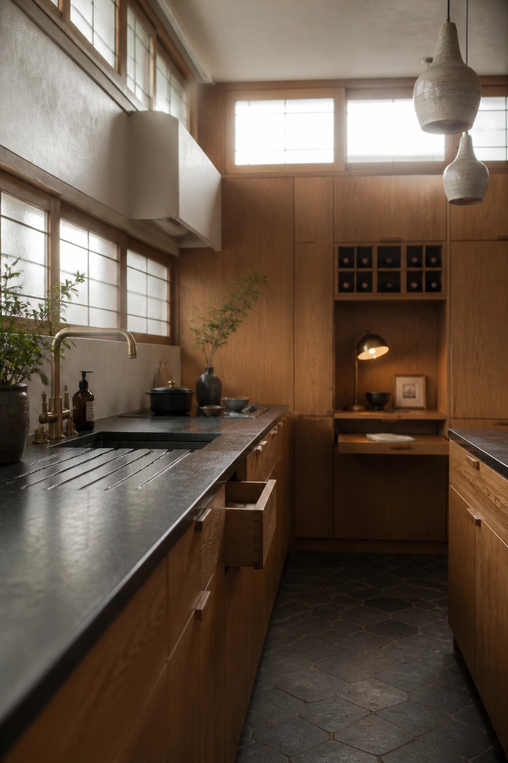 A narrow kitchen with warm wood cabinetry, dark stone counters, shoji-style windows, a built-in wine rack, and two ceramic pendant lights.