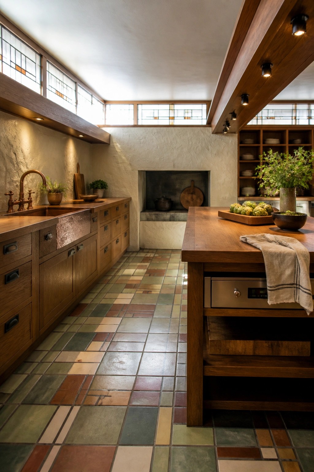 A kitchen interior with wooden cabinets and island, copper sink, multicolored earthy tile floor, and open shelving along one wall.