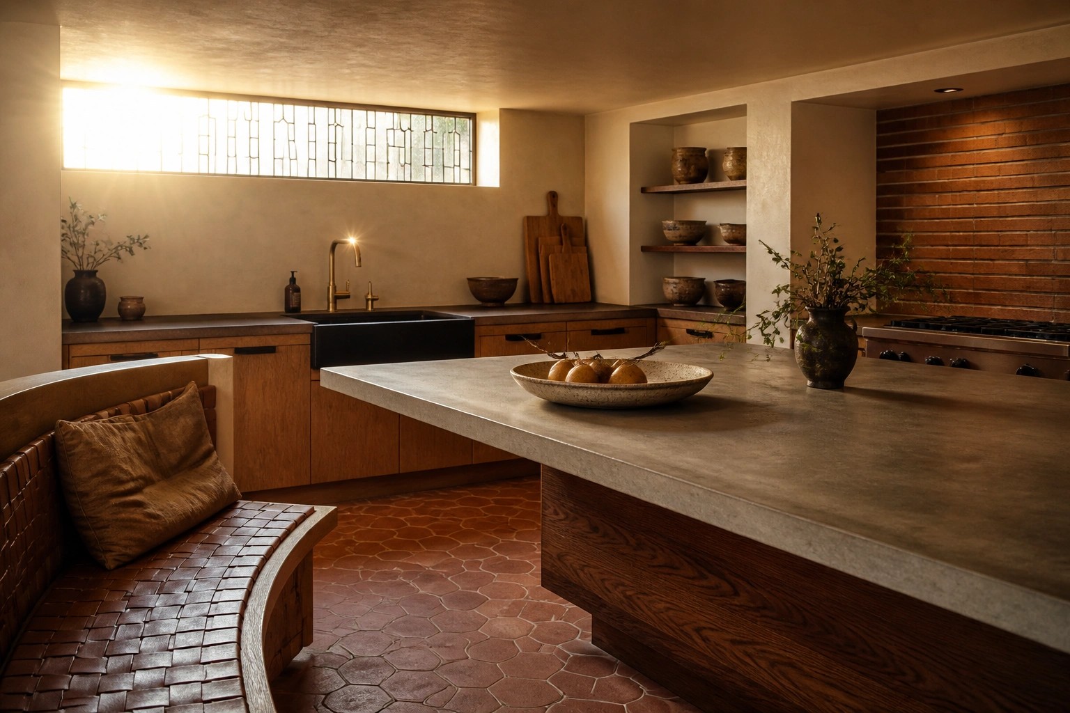 A spacious kitchen interior with a large concrete island topped with a bowl of fruit, featuring a built-in wooden bench with cushions on one side, open wooden shelves, a black sink, and a stove area with wood accents.