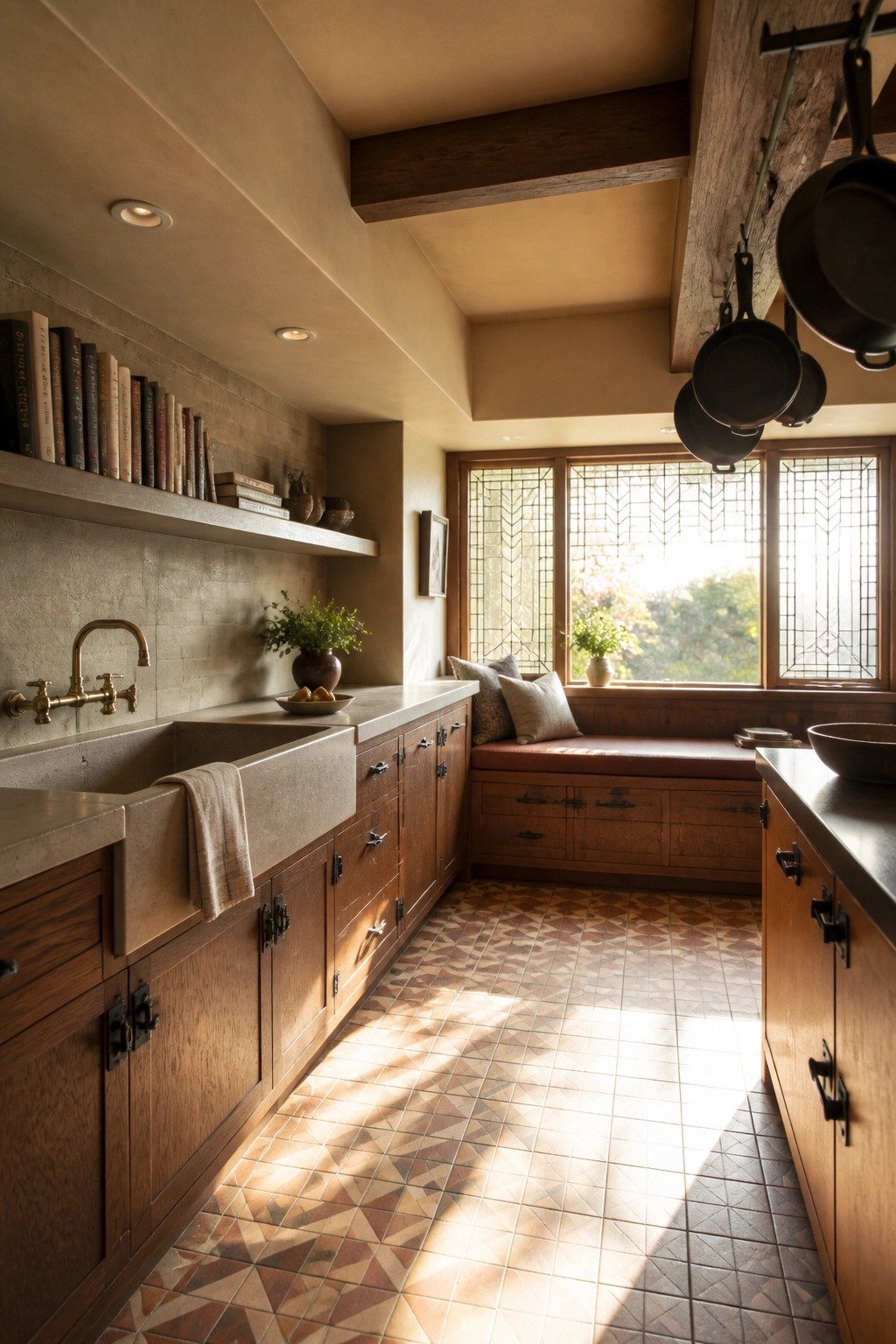 A kitchen interior with wooden cabinets, a concrete sink, open shelving, and a built-in bench with cushions beneath large windows.