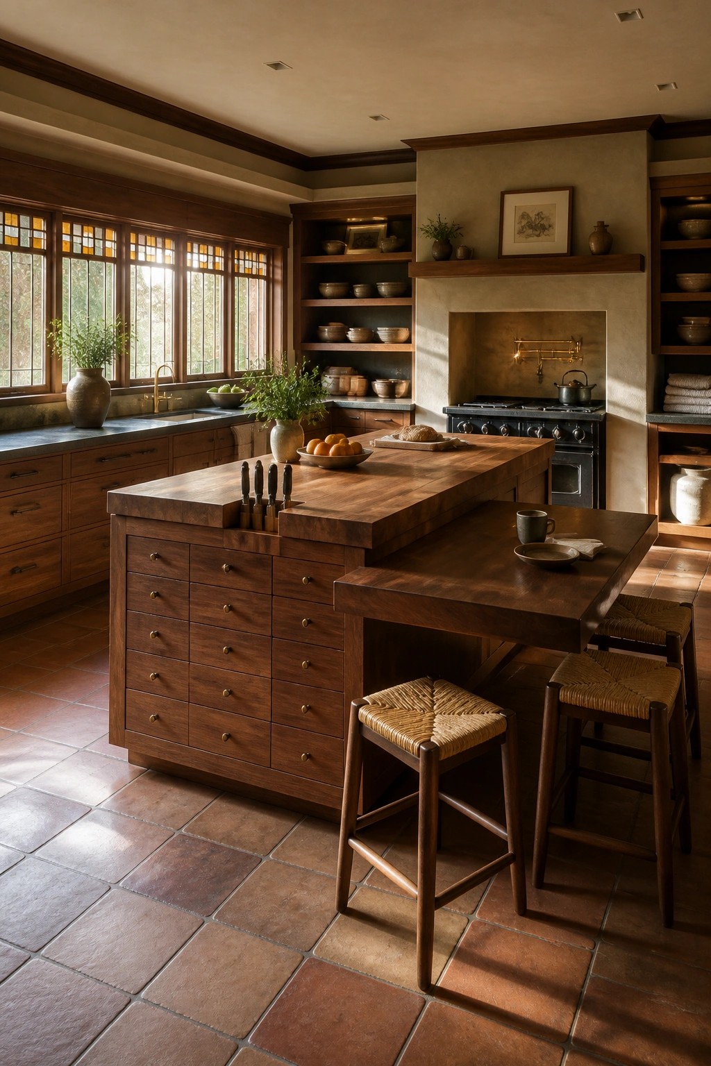 A spacious kitchen interior featuring a large wooden island with built-in drawers, a knife block, and an attached lower dining extension with woven stools, surrounded by dark wood cabinetry, open shelving, and large windows with stained glass.