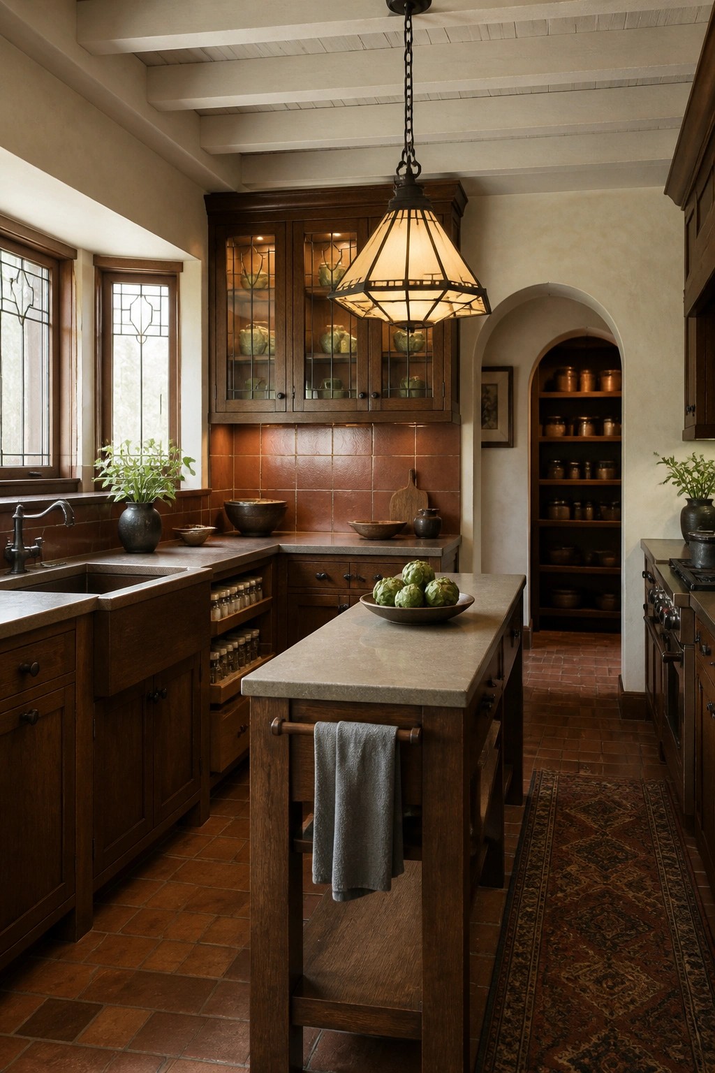 A kitchen interior with dark wood cabinets, a central island, terracotta tile backsplash, and an arched alcove holding open pantry shelves.