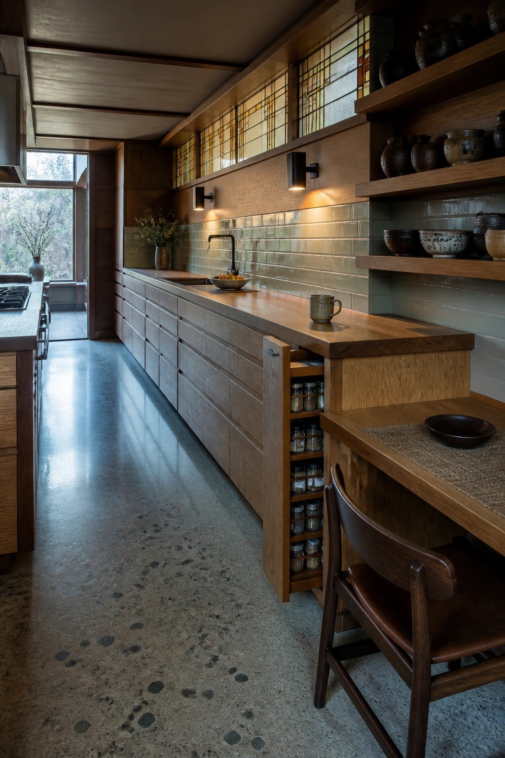 Modern wooden kitchen with pull-out spice rack, open pottery shelves, and concrete floor.