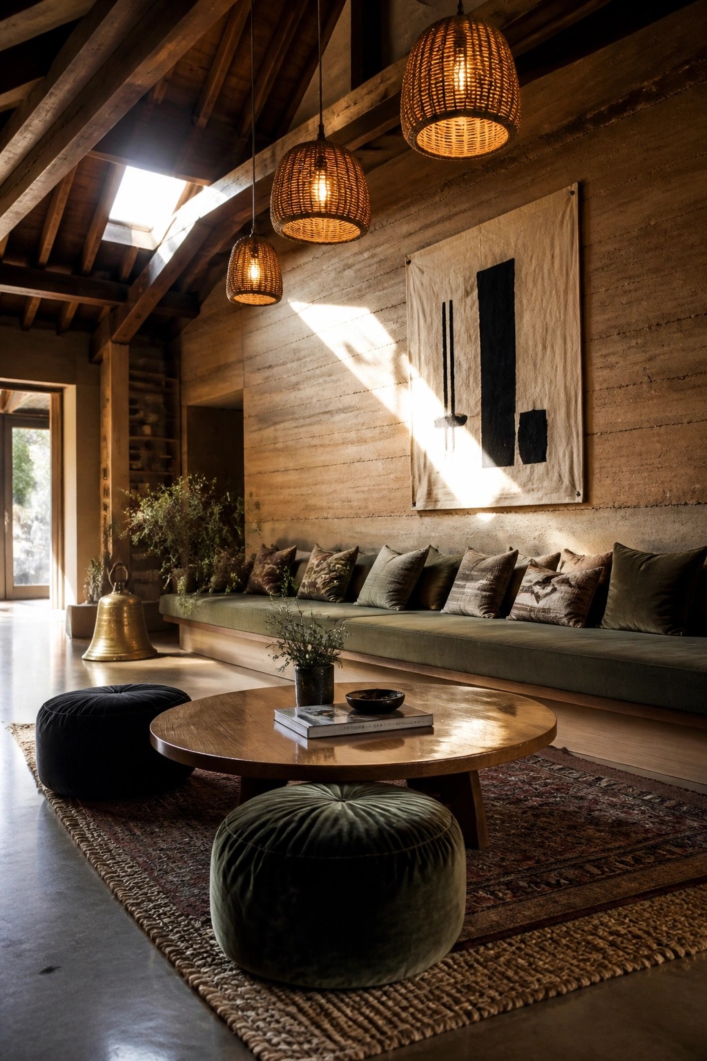 A living room with rammed earth walls, a long built-in green bench lined with pillows, a round wooden coffee table, two green floor poufs, and three woven pendant lights.