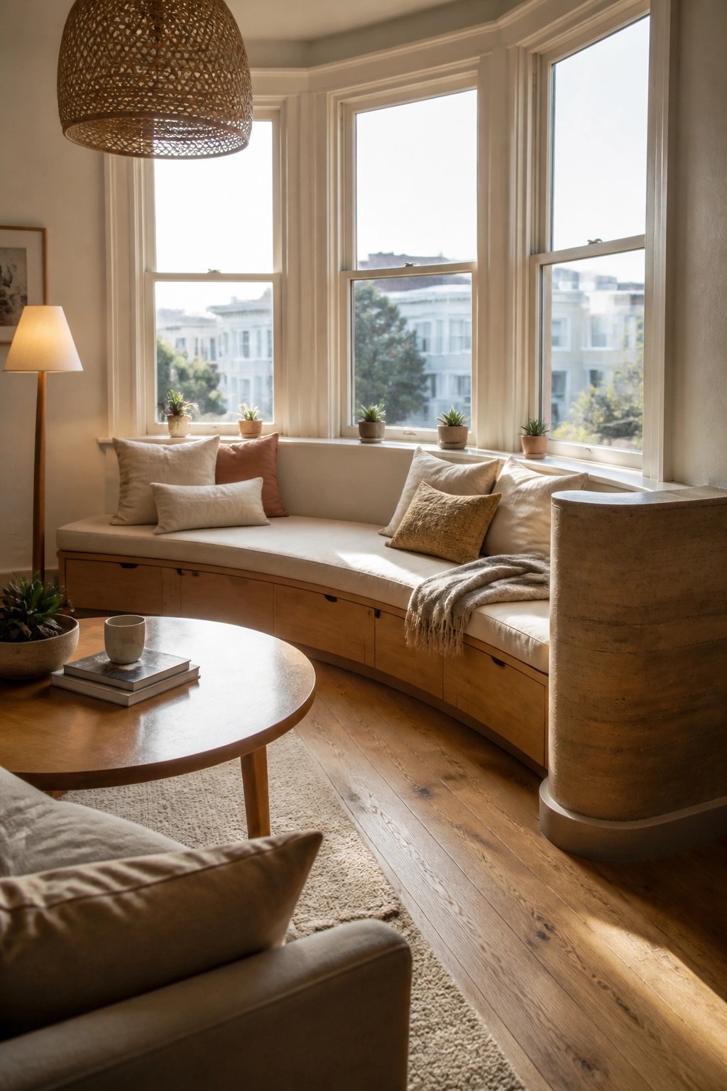 Curved wooden window seat with beige cushions, pillows, plants, and round table.