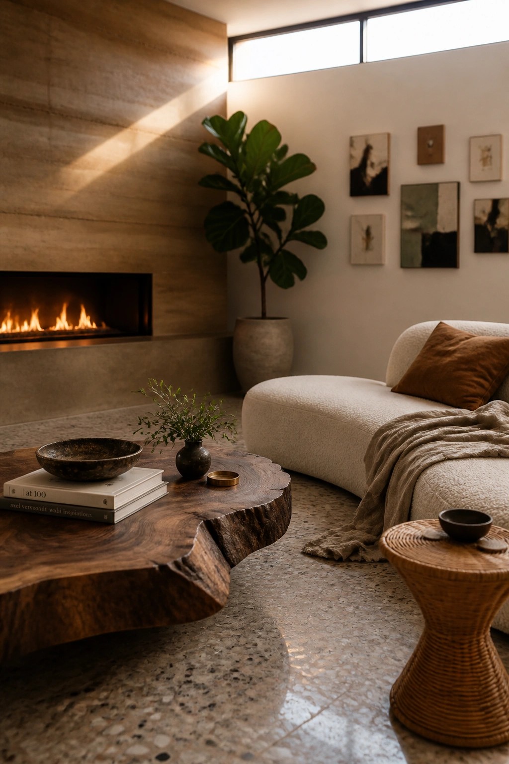 Living room interior with a rammed earth wall behind a linear fireplace, wooden coffee table on terrazzo floor, curved sofa, and large potted fiddle leaf fig plant.