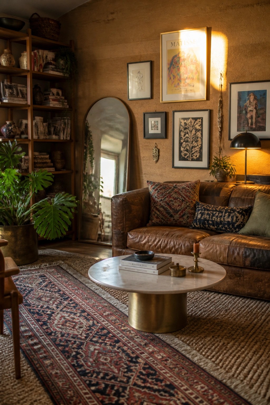 Cozy living room with leather sofa, marble table, arched mirror, bookshelves, and warm artwork.